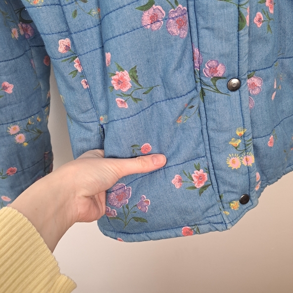 Eve Blue Colorful Floral Quilted Fur Trim Hood Cute Girly Zip Up Coat Size M - Picture 3 of 8